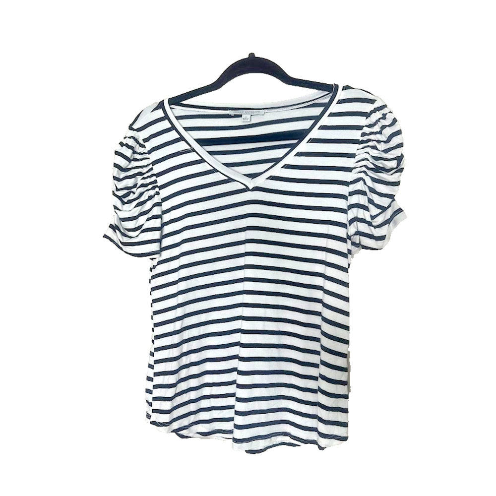 Green Envelope Womens Small White w/Black Stripe Short Puff Sleeve V-Neck Top‎